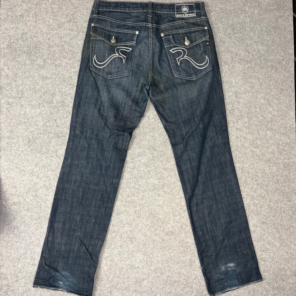 Rock & Republic Mens Dark Wash Straight Leg Jeans Embroidered Flap Pockets 36x35